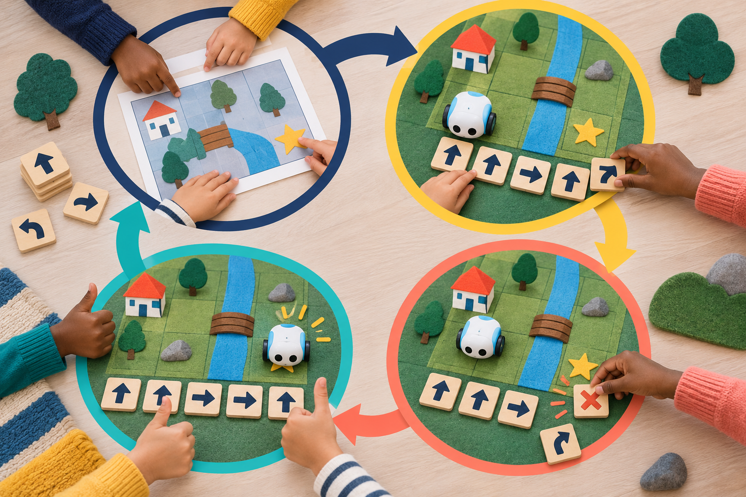 Four connected stages showing children planning, building a coding route, testing it and correcting an error