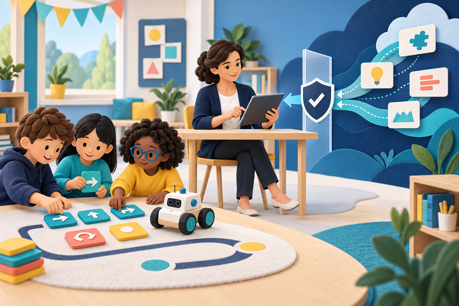 Children learning with physical coding while a teacher reviews digital suggestions through a protected approval step