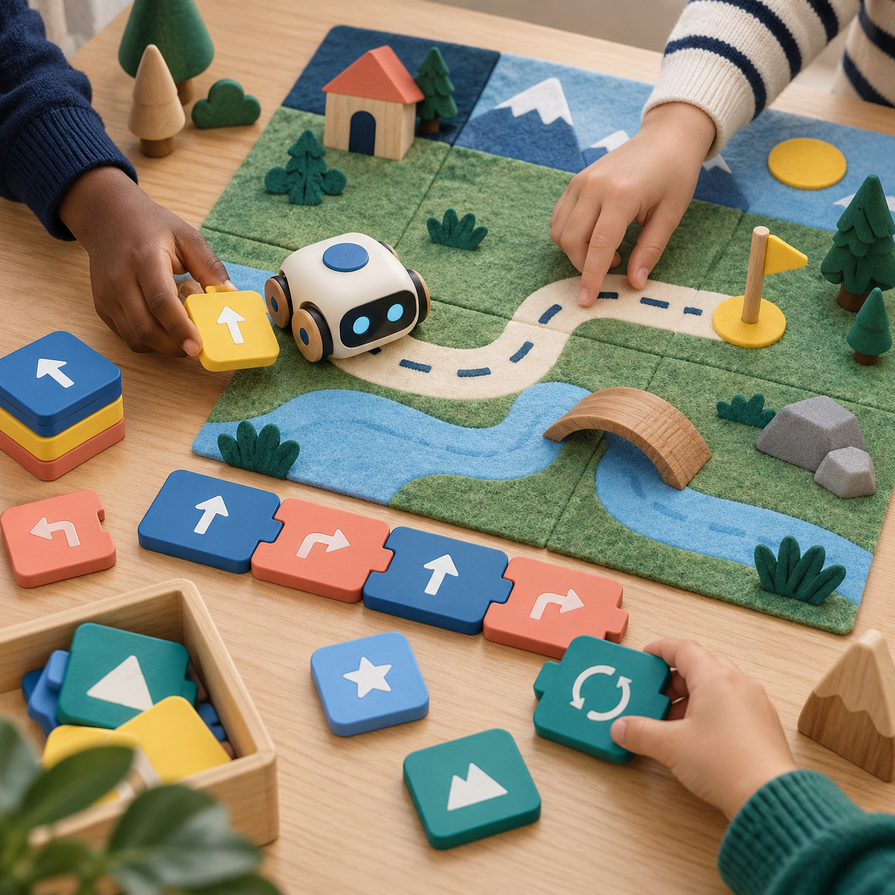 Hands arranging physical coding tiles beside a classroom robot and story map